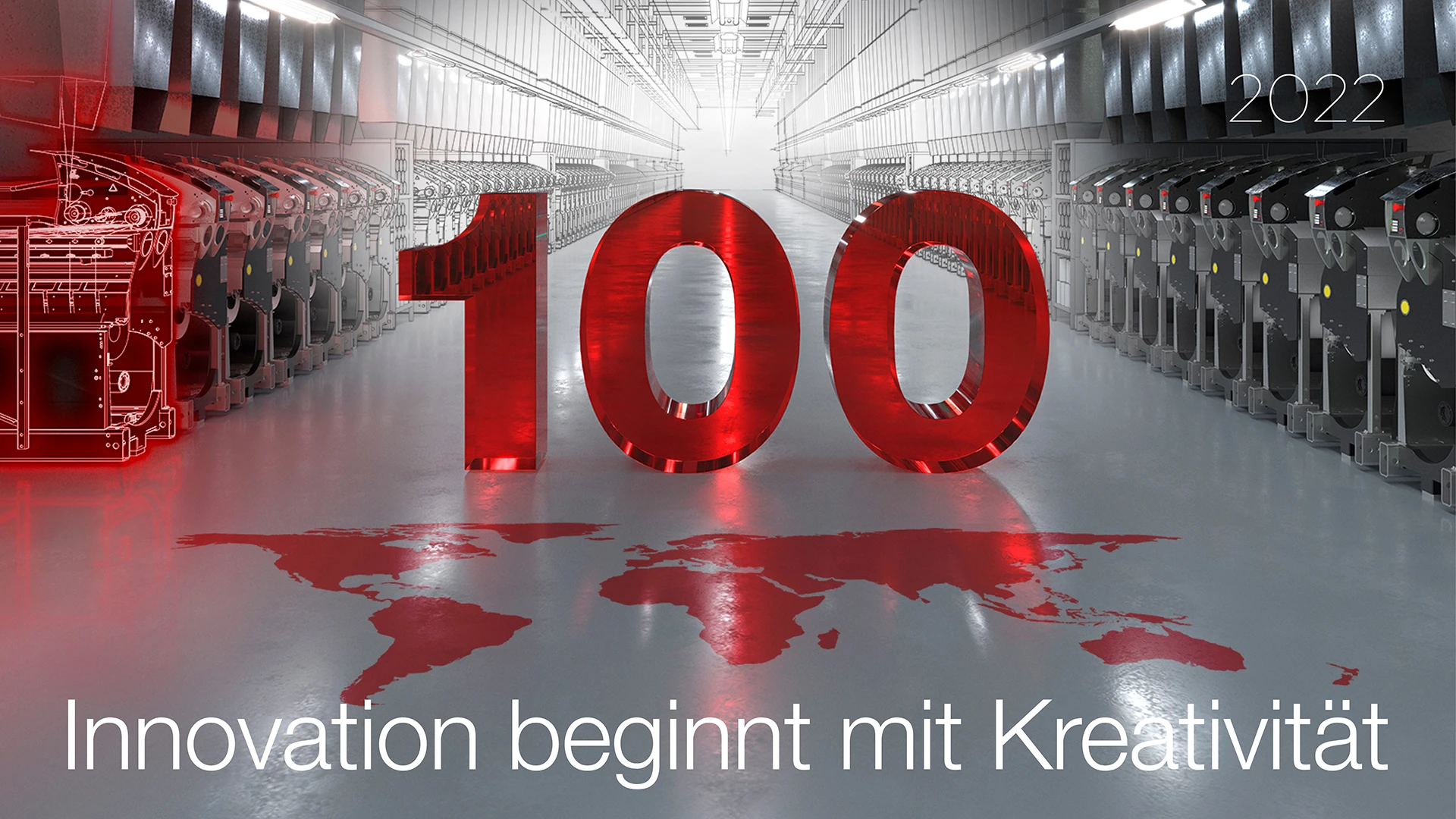 Kampagnenmotiv 100 Jahre Oerlikon Barmag, 3D-Modell einer Spinnerei-Halle, skizzenhafte Hintergrund fotorealistischer Vordergrund dreidimensionales Model der Zahl 100 aus rotem, halbtransparentem Plexiglas