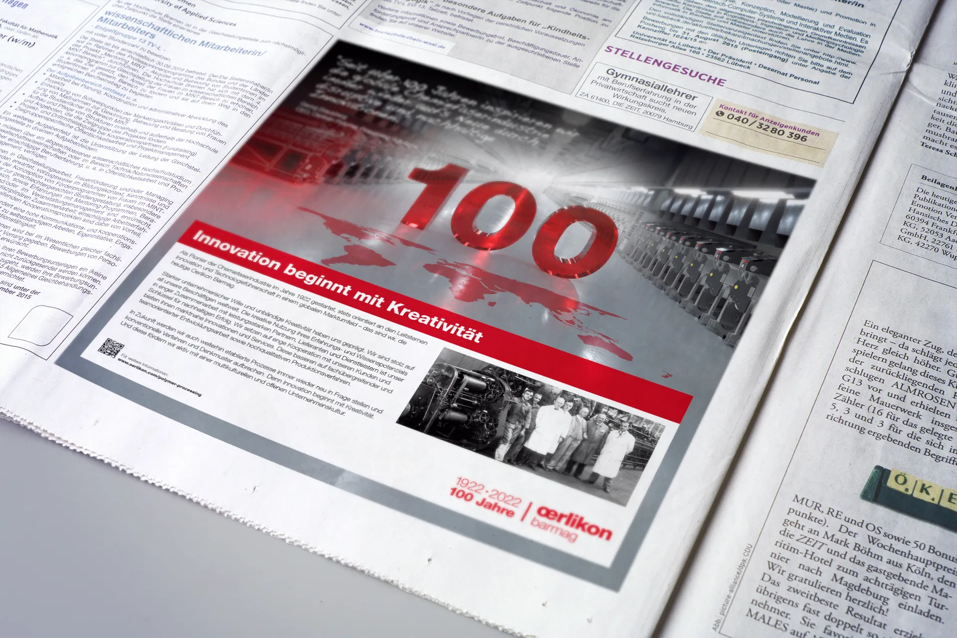 Anzeige der Kampagne 100 Jahre Oerlikon Barmag, als Anzeige in einer deutschsprachigen Tageszeitung