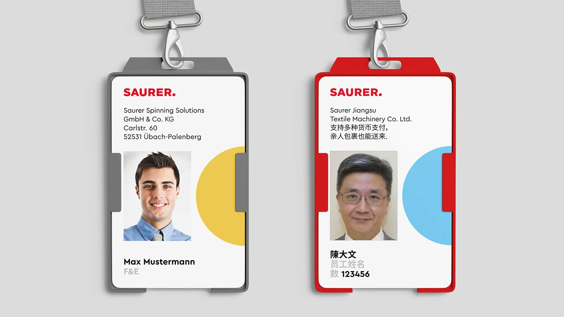 Beispieldarstellung von Mitarbeiter und Besucherausweisen für die internationalen Standorte von Saurer