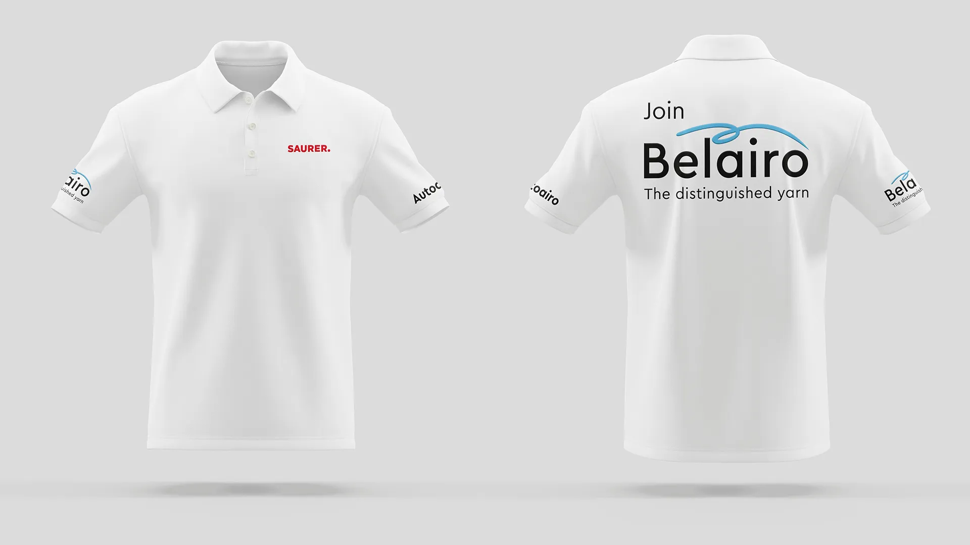 Ein weißes Polohemd Badetuch mit Stickerei der Marken Saurer und Belairo