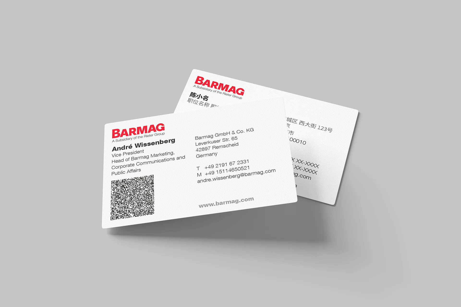 Barmag Visitenkarten auf Englisch und Chinesisch